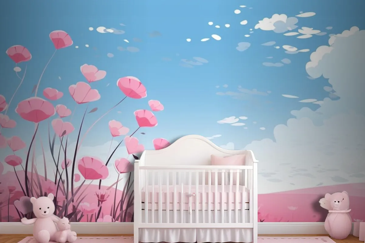 Pink Hearts In The Sky With Flowers And Clouds Wallpaper Mural