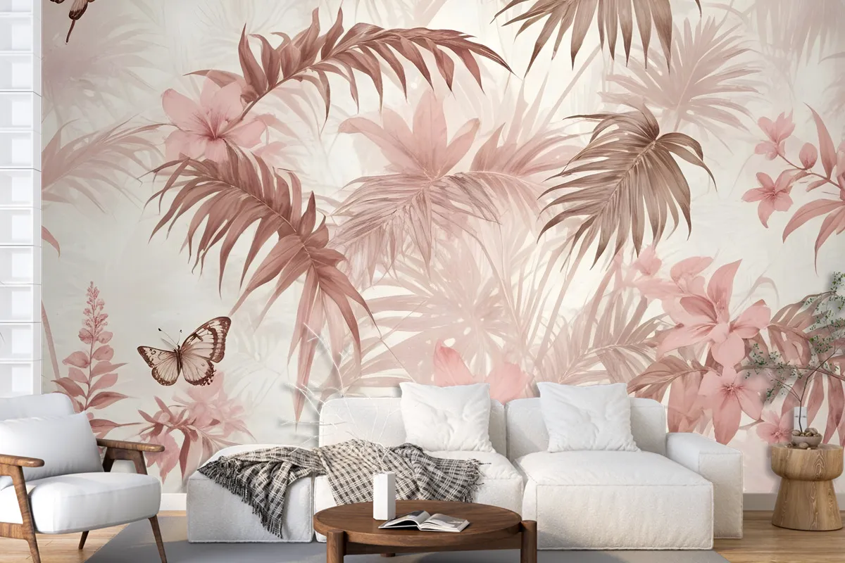 Pink Leaf And Blossom Wallpaper Mural