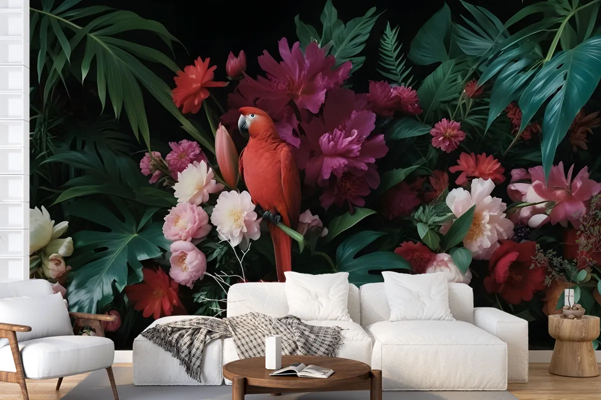 Red Parrot With Colorful Floral Wallpaper Mural