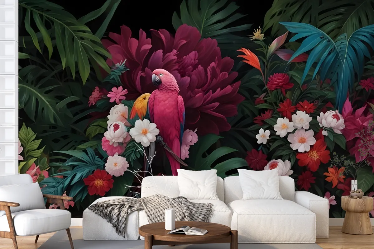 Pink Parrot With Colorful Floral Wallpaper Mural