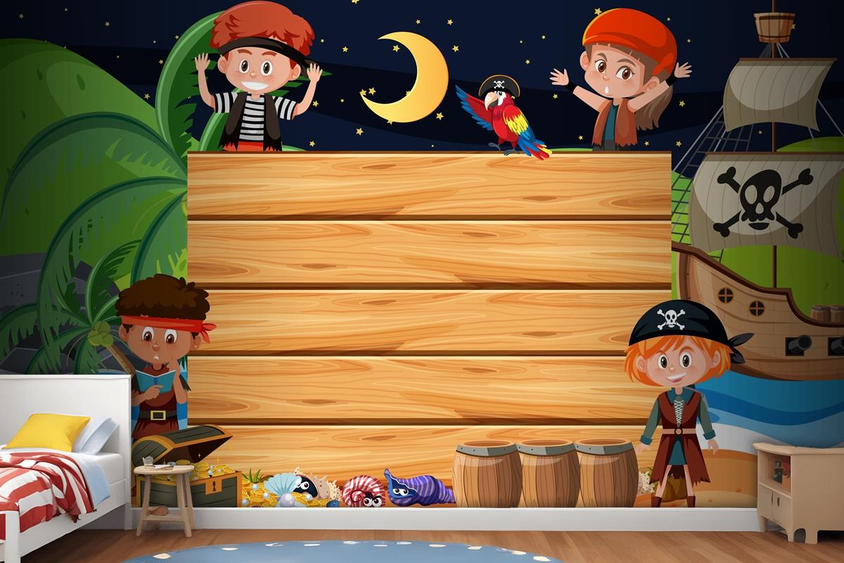 Pirate Kids At The Beach Night Scene With An Empty Wooden Wallpaper Mural