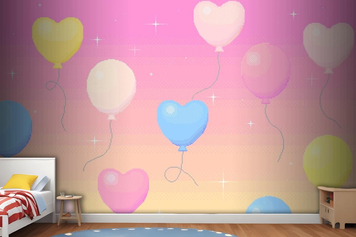 Pixel Art Background Of Balloons Flying In The Dreamy Sky Wallpaper Mural