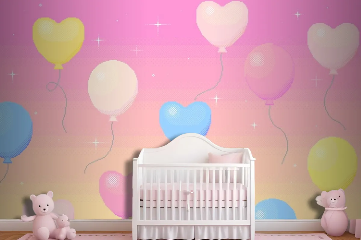 Pixel Art Background Of Balloons Flying In The Dreamy Sky Wallpaper Mural