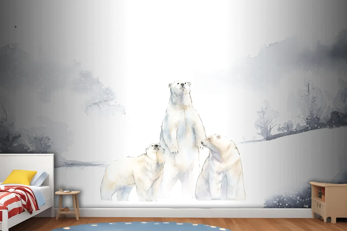 Polar Bears In The Snow Watercolor Wallpaper Mural