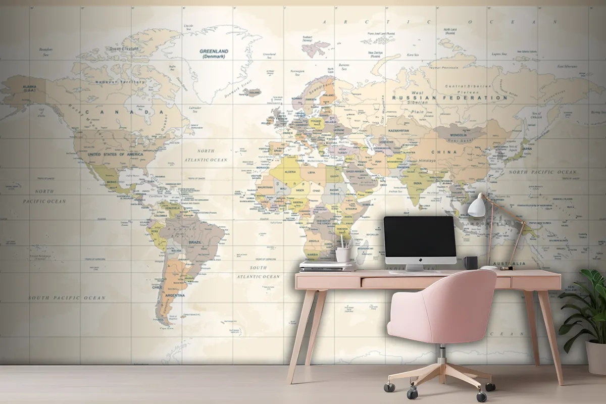 Political Physical Topographic Colored World Map Wallpaper Mural