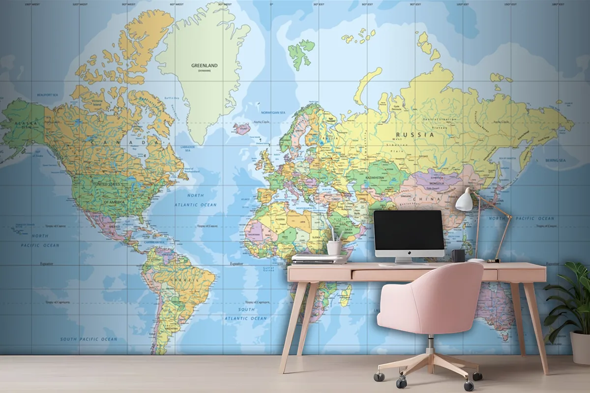 Political World Map In Mercator Projection Wallpaper Mural