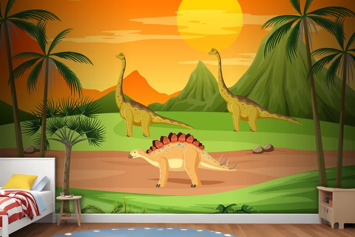 Prehistoric Forest With Dinosaur Cartoon Wallpaper Mural