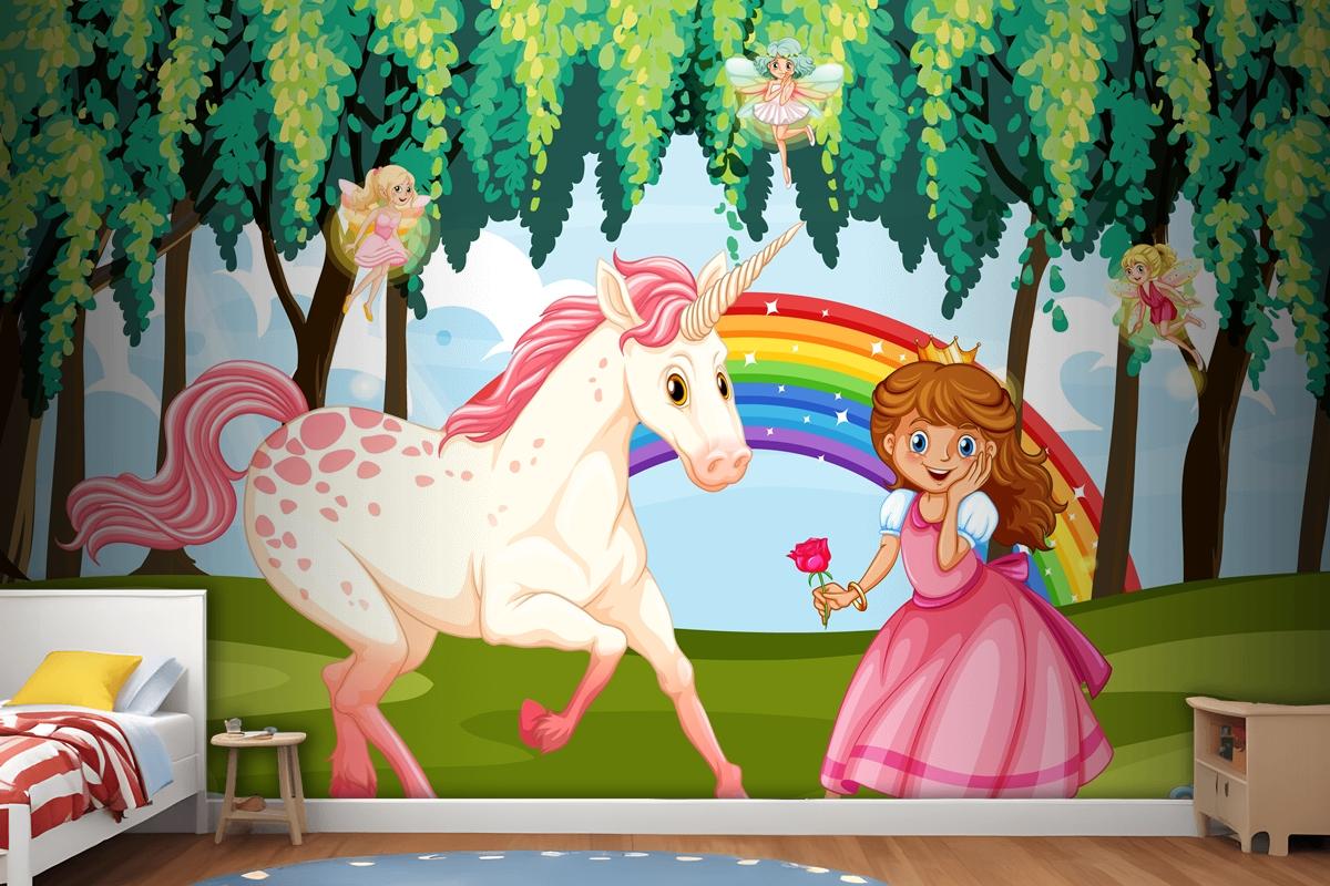 Princess And Unicorn In Enchanted Forest Background Wallpaper Mural