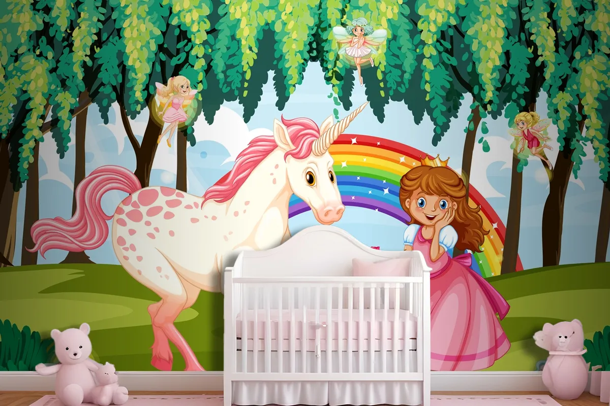 Princess And Unicorn In Enchanted Forest Background Wallpaper Mural