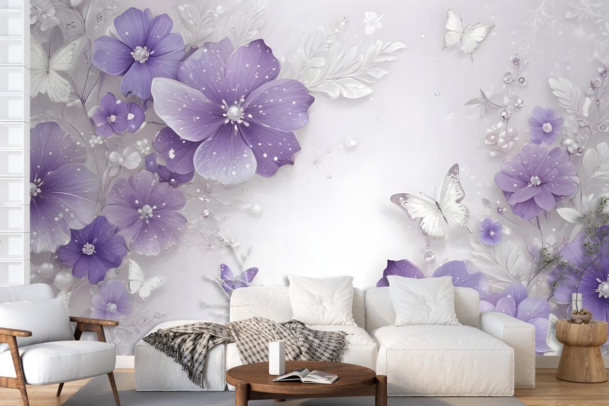 Purple Swarovski Floral With Little Butterfly Wallpaper Mural