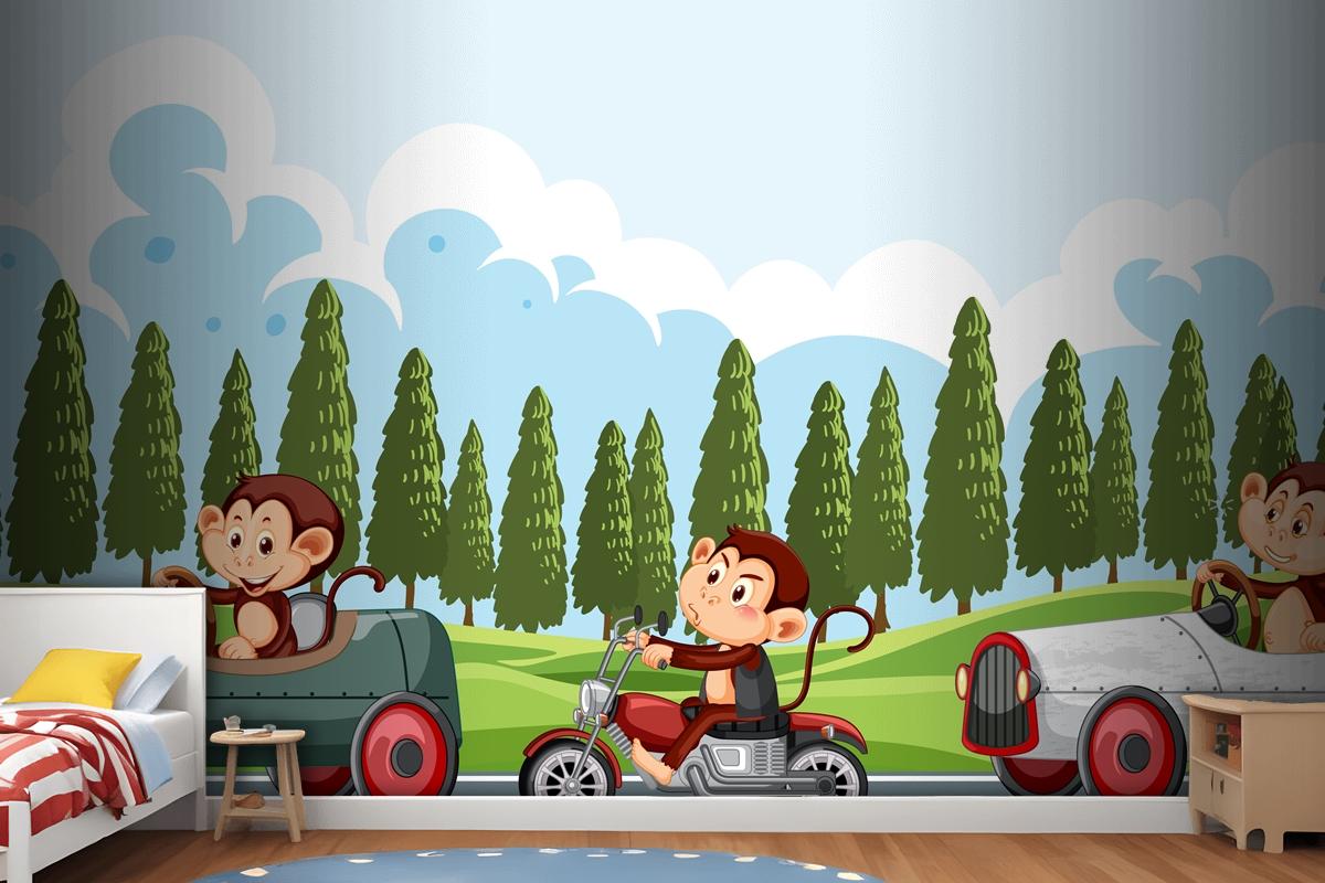 Race Track Scene With Monkey Racing Drivers Wallpaper Mural