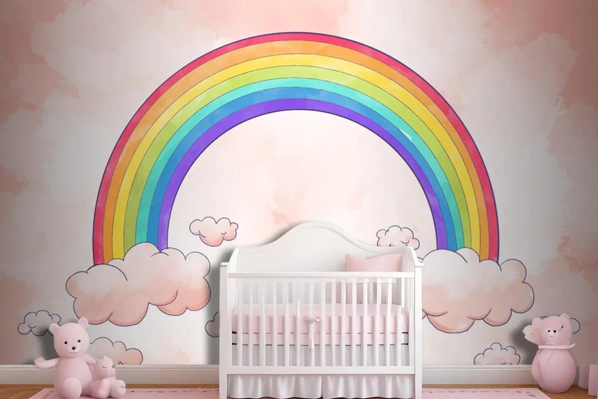 Rainbow With Clouds Watercolor Style Wallpaper Mural