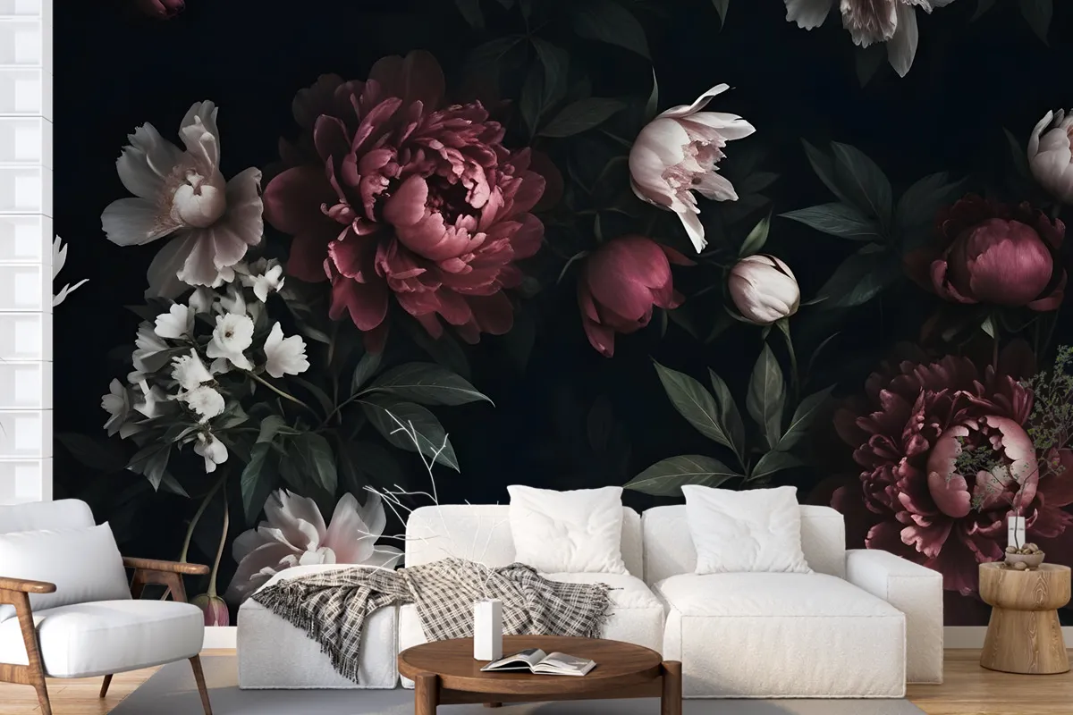 Realistic Dark Peony Floral Bouquet Wallpaper Mural