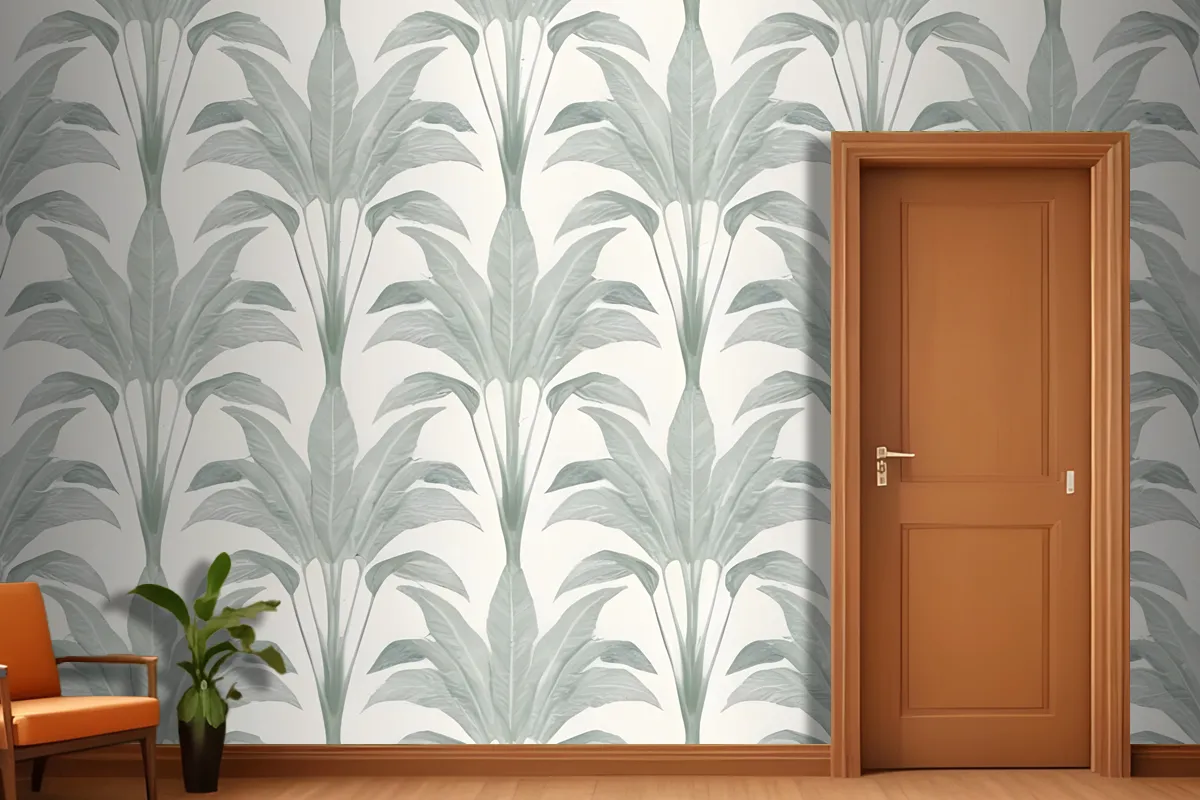 Repeating Pattern Of Large Green Palm Leaves Or Fronds Against A Light Gray Wallpaper Mural