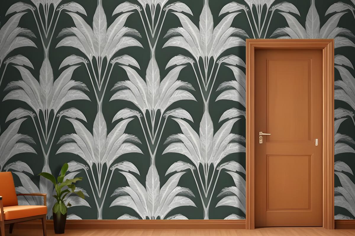 Repeating Pattern Of Leaflike Shapes In Shades Of Gray And White Against A Dark Green Wallpaper Mural