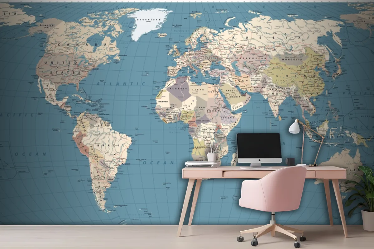 Retro Color World Map Borders Countries Roads And Cities Wallpaper Mural