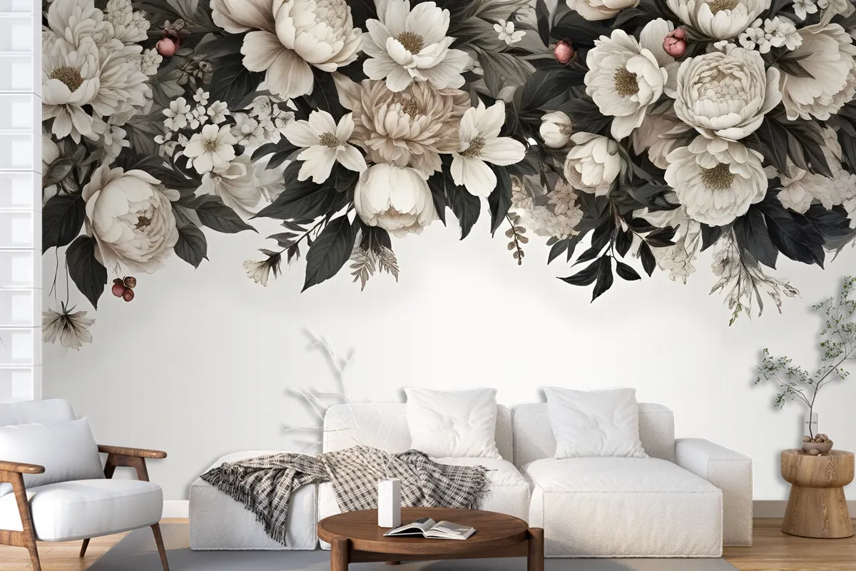 Retro Dark White Flowers Wallpaper Mural