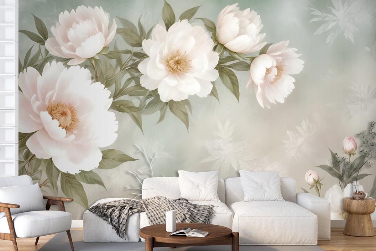 Retro Oil Painting White Flowers Wallpaper Mural