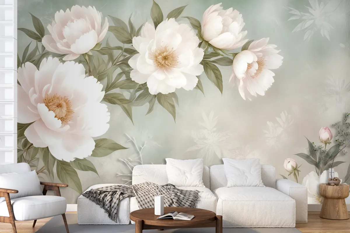 Retro Oil Painting White Flowers Wallpaper Mural