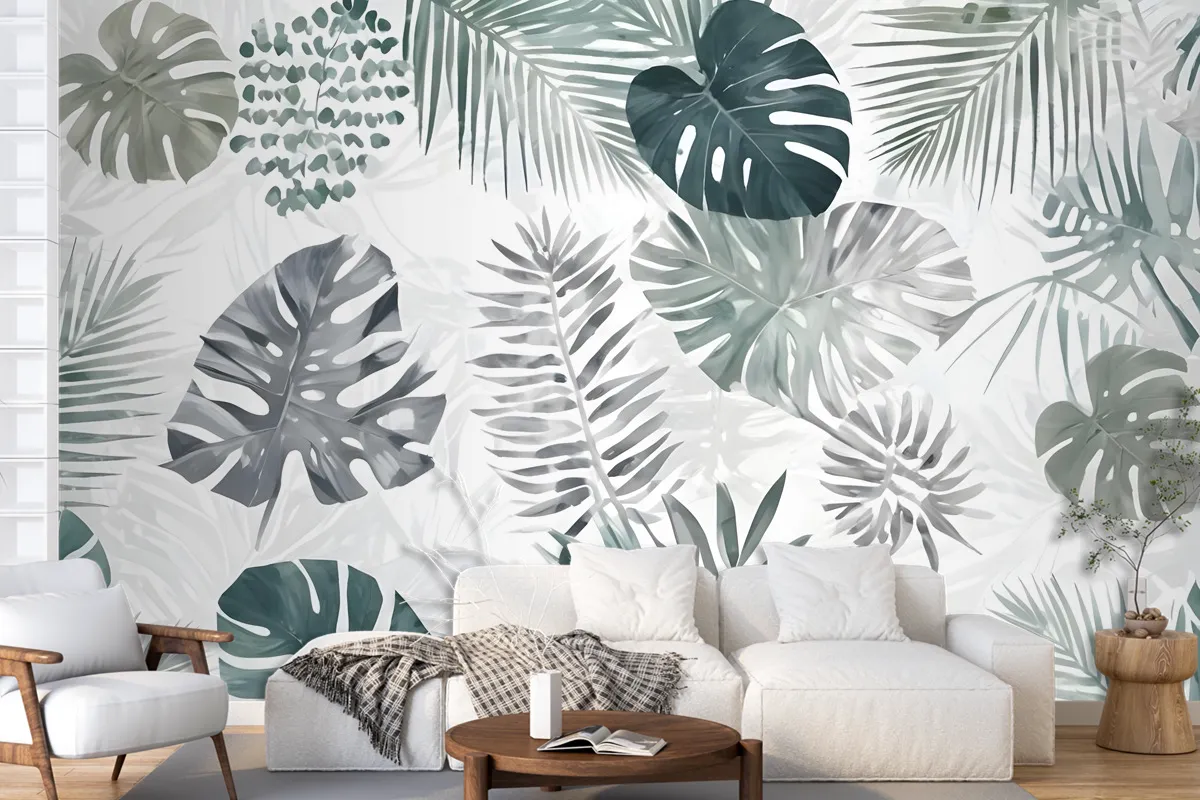 Retro Tropical Leaf Pattern Wallpaper Mural