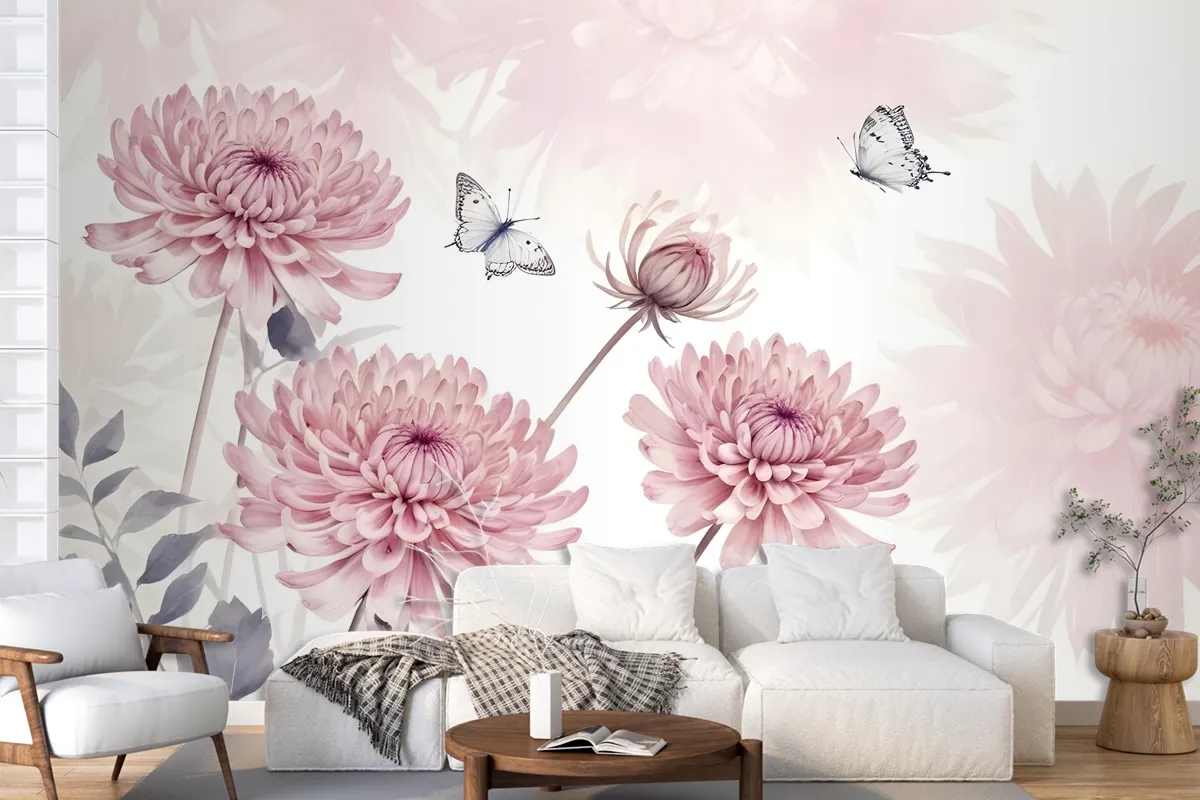 Retro Watercolor Pink Dandelion Flower Art Wallpaper Mural