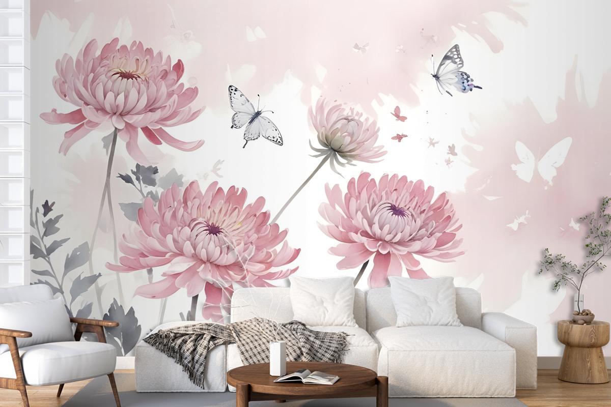 Retro Watercolor Pink Dandelion Flower Art Wallpaper Mural