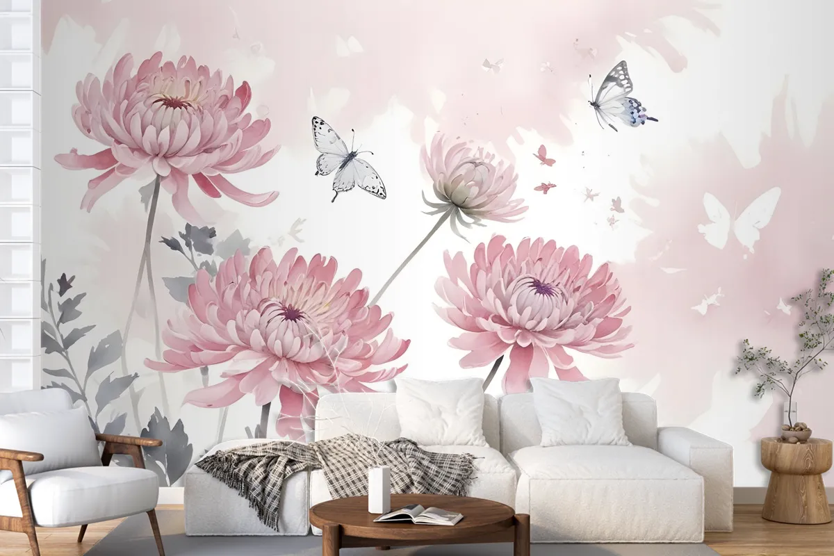 Retro Watercolor Pink Dandelion Flower Art Wallpaper Mural