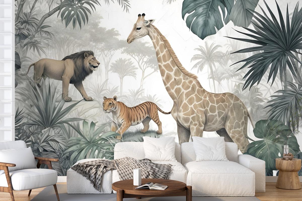 Retro Wild Animals With Tropical Leaves Wallpaper Mural