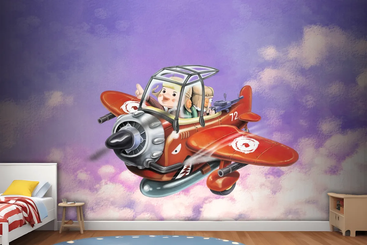 Riding A Red Plane Fly In The Sky Two Aviators Wallpaper Mural