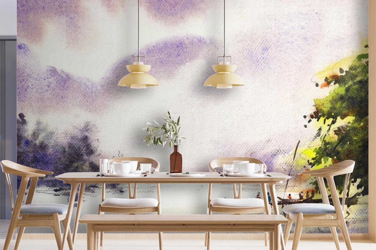 River And Life Hand Paint Watercolor Art Wallpaper Mural