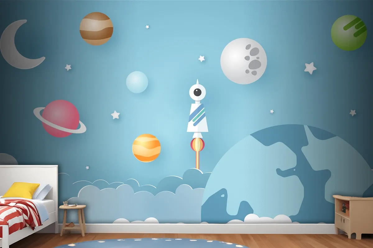 Rocket Is Surrounded By Various Celestial Objects Such As Planets Wallpaper Mural