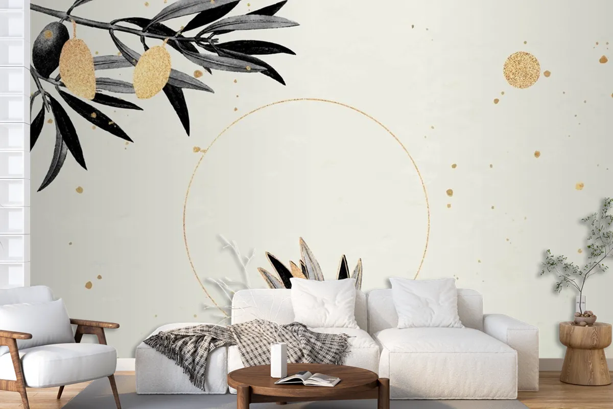 Round Gold Frame With Olive Branches Wallpaper Mural