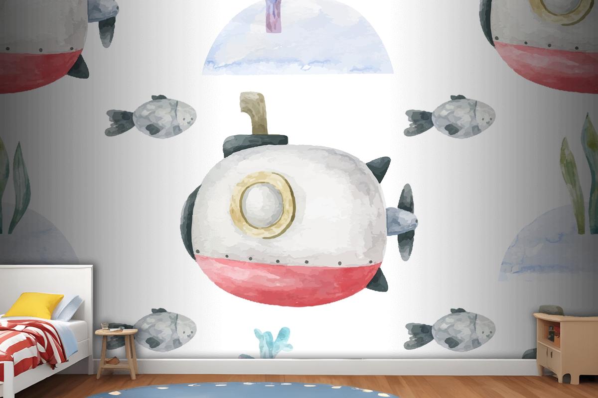 Seamless Background With Red Submarine And Underwater Wallpaper Mural