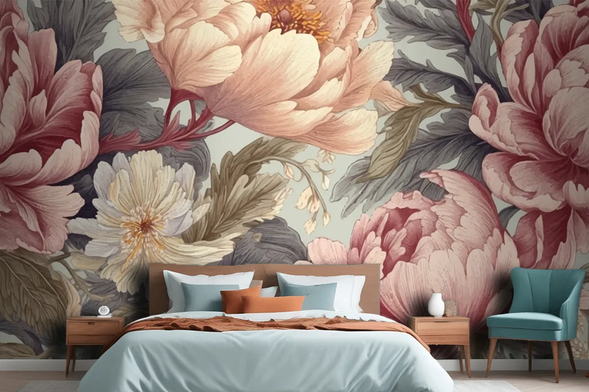 Seamless Boho Floral Pattern With Pink Peony Flowers Wallpaper Mural