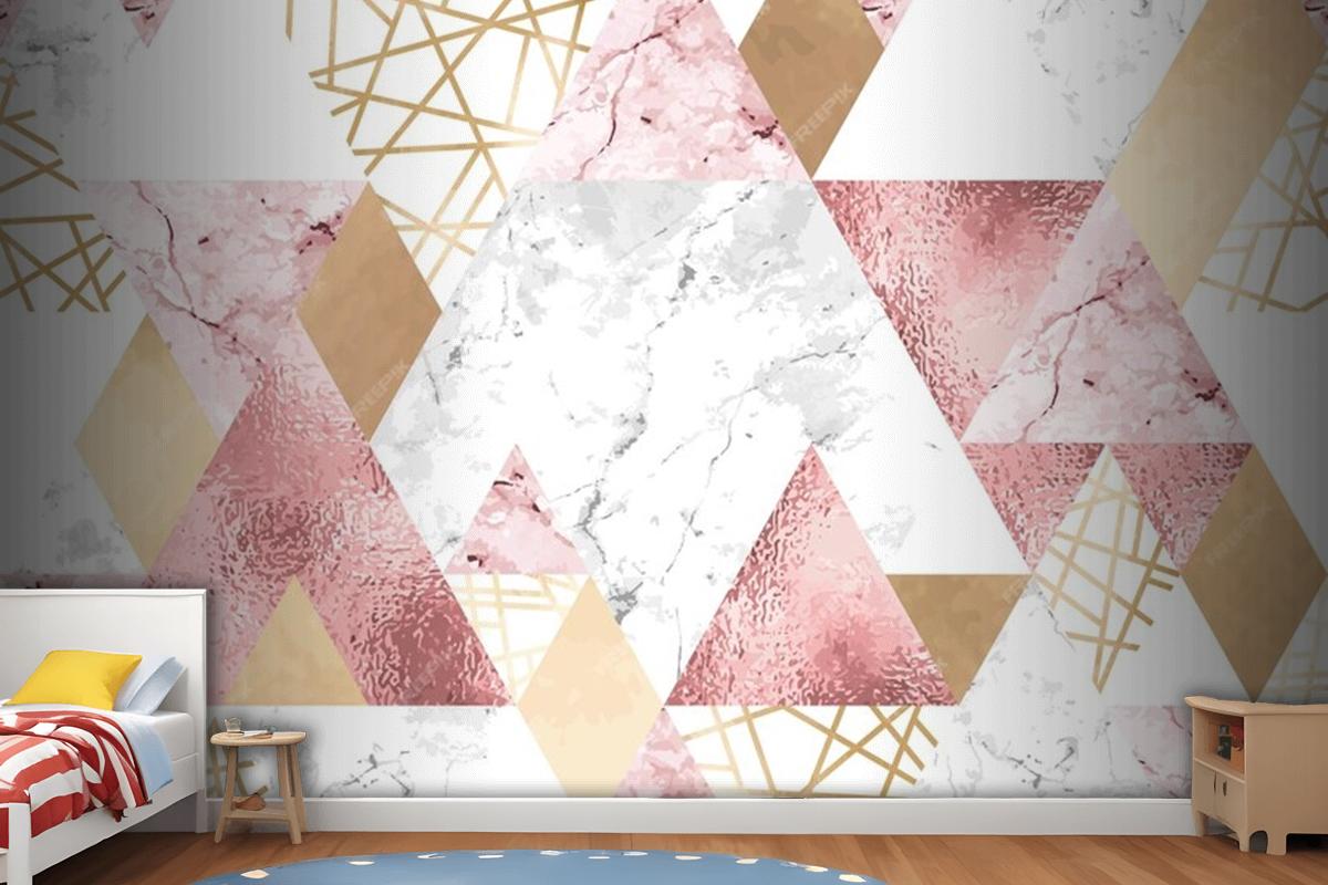 Seamless Geometric Pattern With Metallic Lines Rose Gold Gray And Pink Marble Triangles Wallpaper Mural