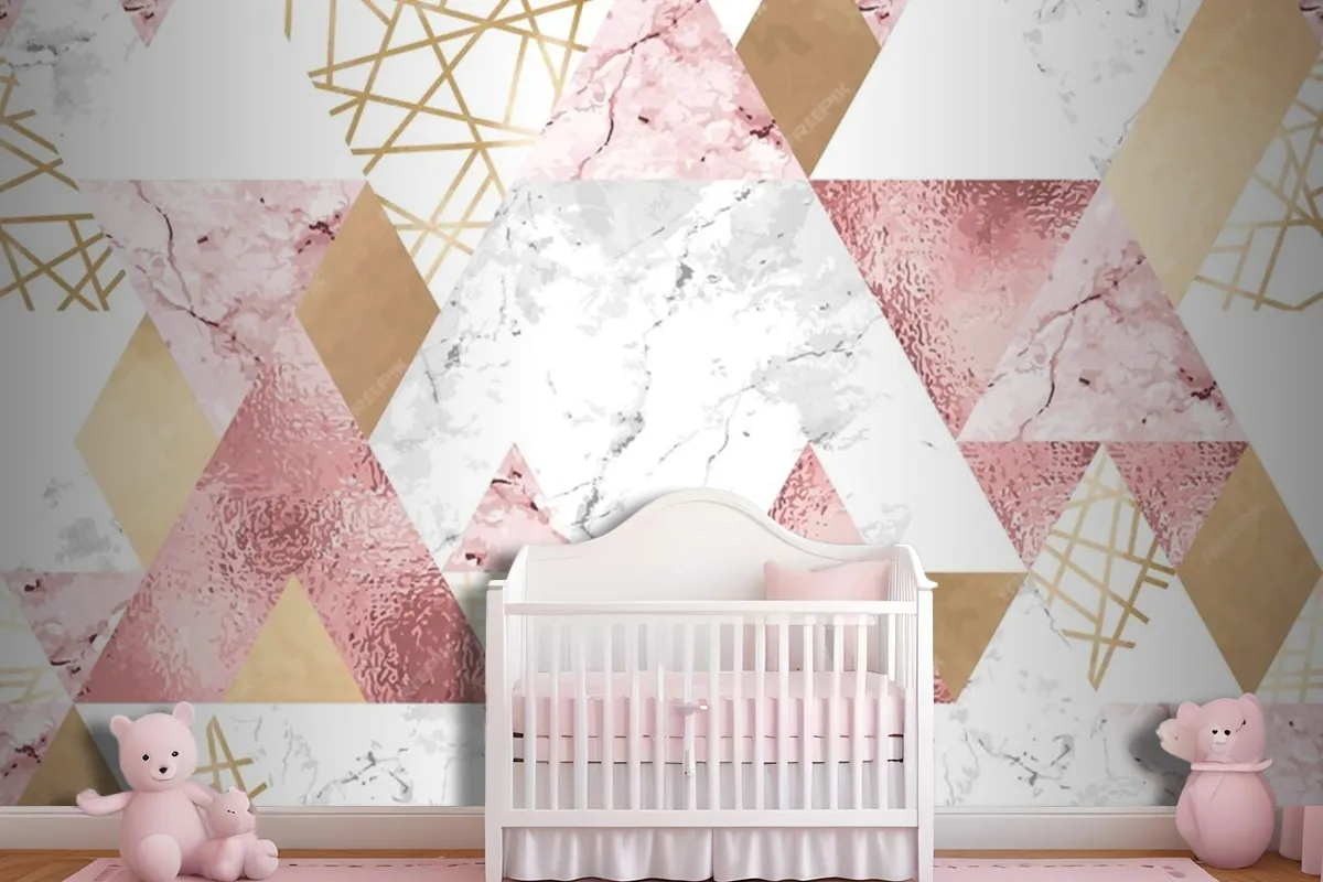 Seamless Geometric Pattern With Metallic Lines Rose Gold Gray And Pink Marble Triangles Wallpaper Mural