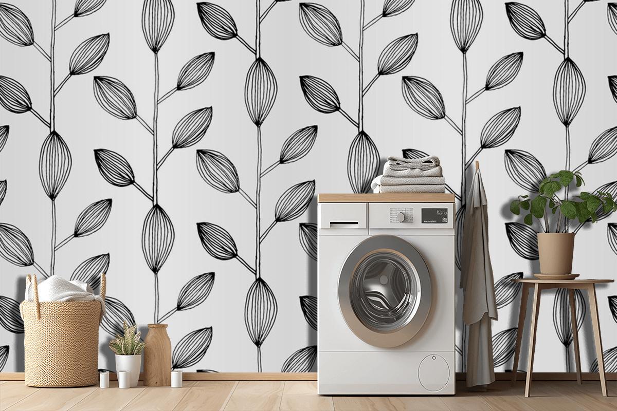 Seamless Monochrome Leaves Pattern Design Wallpaper Mural