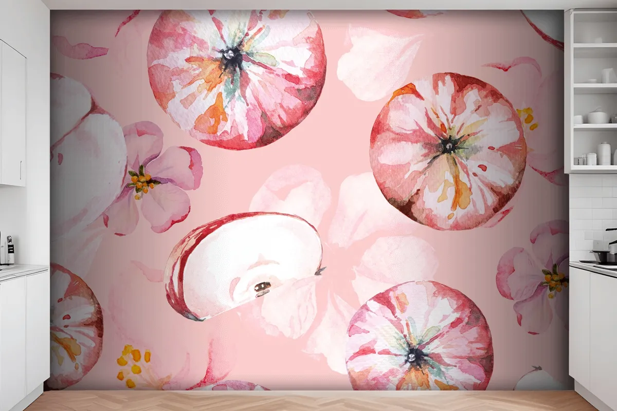 Seamless Pattern Apple And Flower Painted Wallpaper Mural