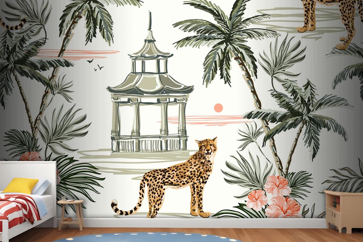 Seamless Pattern Background With Coconut Palm Trees Leopard Wallpaper Mural