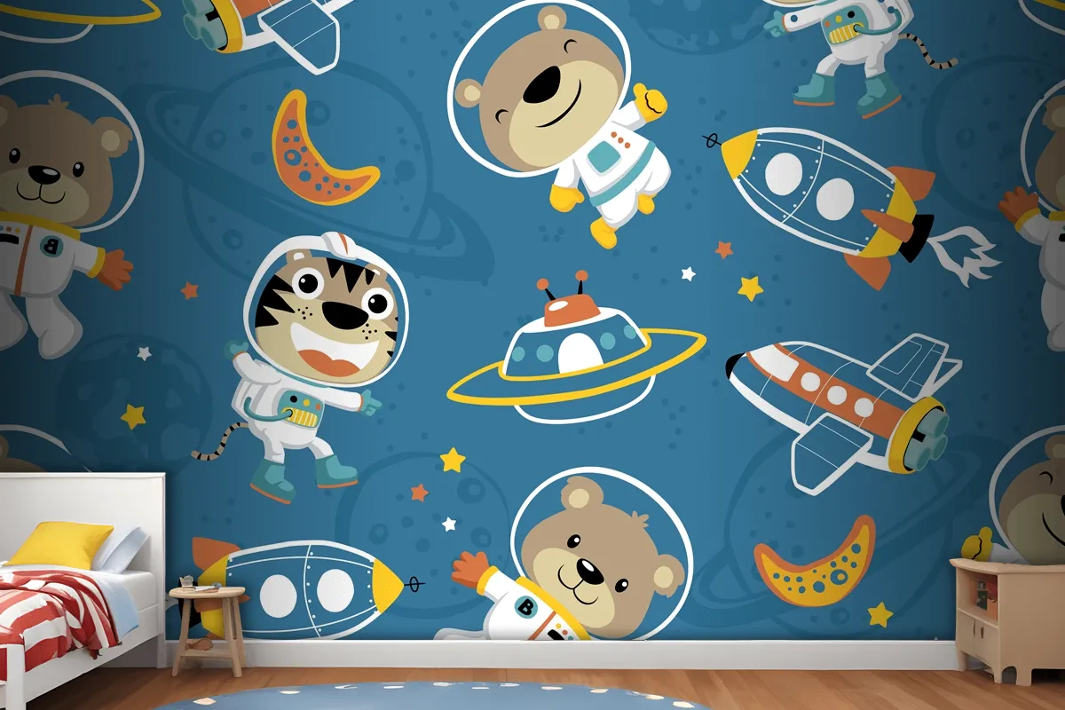 Seamless Pattern Of Funny Astronaut In Outer Space Transportation Wallpaper Mural