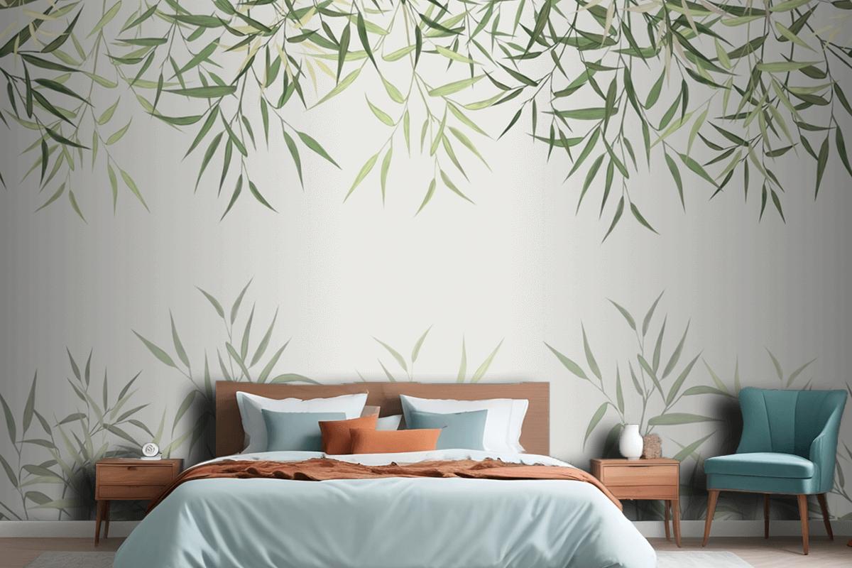 Seamless Pattern Of Reed Bamboo Leaves On A Light Background Wallpaper Mural