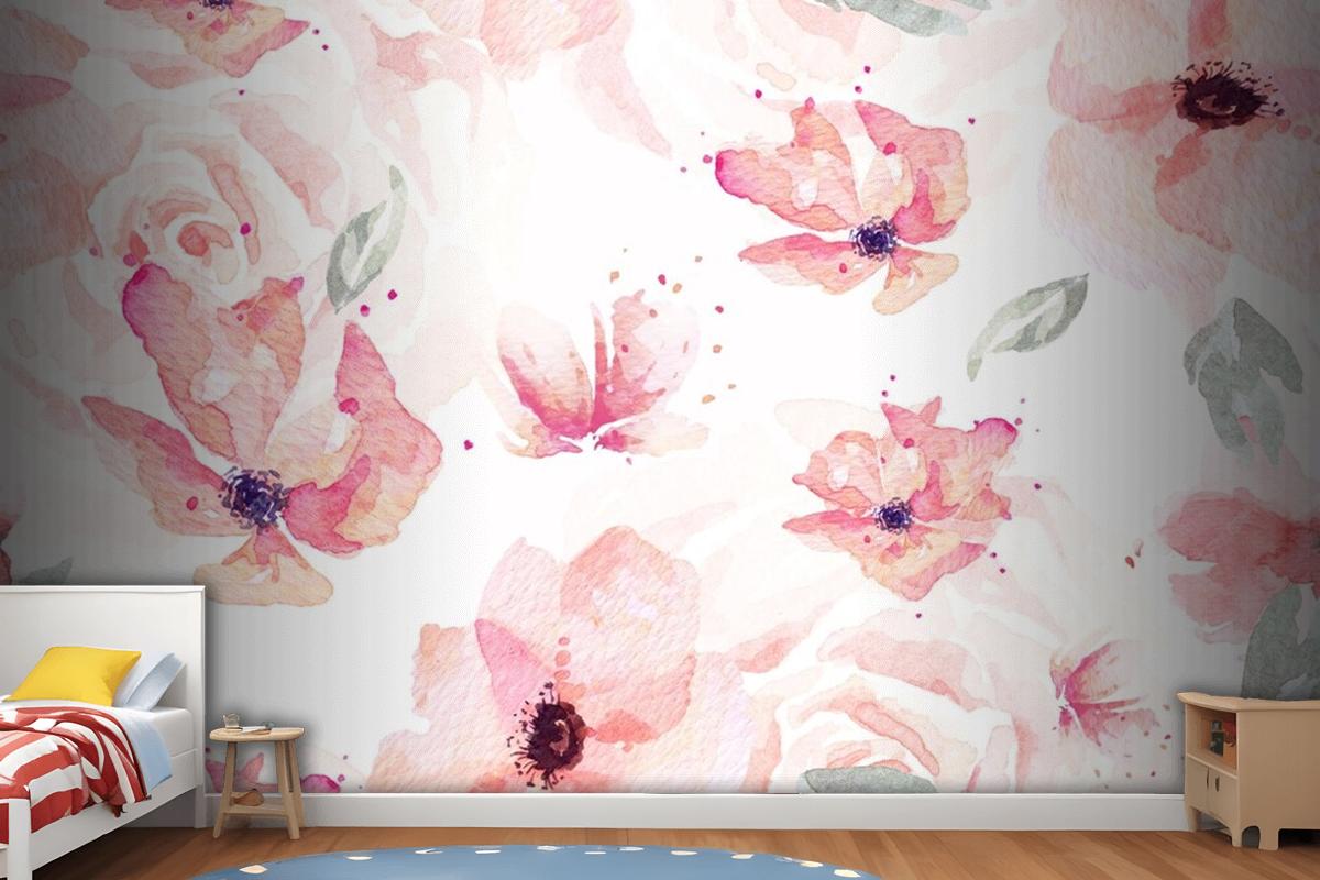 Seamless Pattern Of Rose And Orange Flowers Drawn Wallpaper Mural