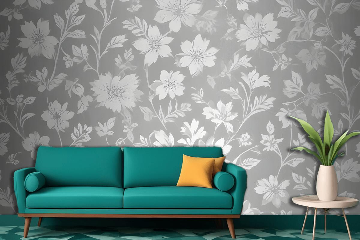 Seamless Pattern Of White Floral Silhouettes On A Light Gray Wallpaper Mural