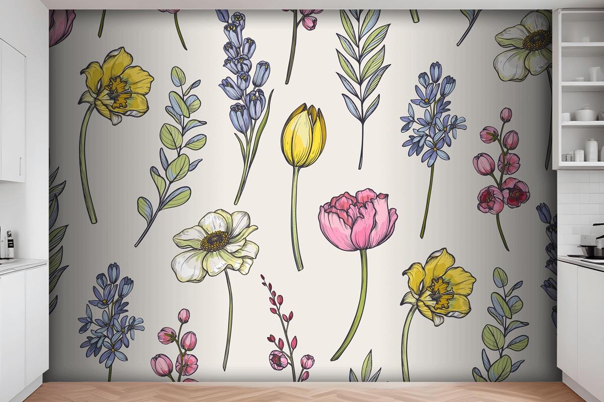 Seamless Pattern With Bouquets Of Spring Flowers Wallpaper Mural