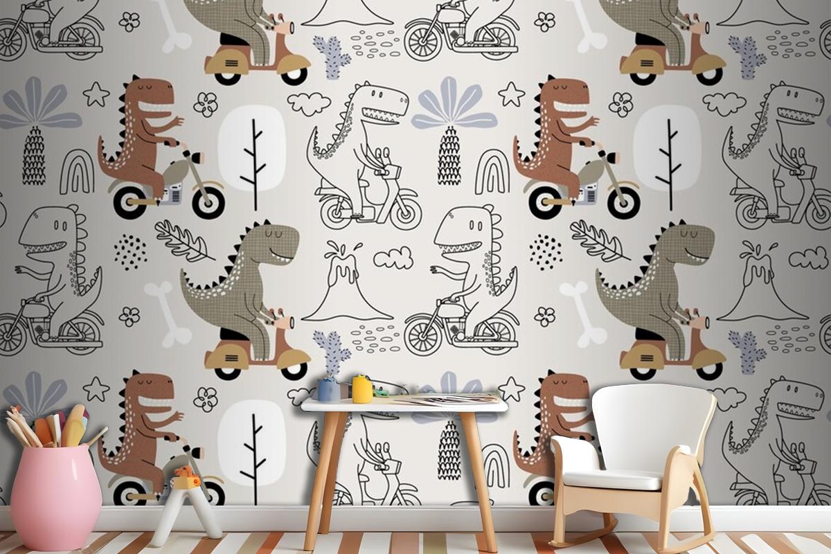 Seamless Pattern With Cute Dinosaur Riding A Motorbike Wallpaper Mural