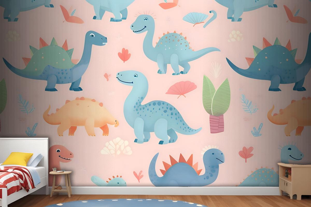 Seamless Pattern With Cute Dinosaurs Cute Dinosaurs Wallpaper Mural