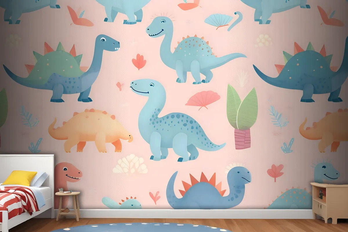 Seamless Pattern With Cute Dinosaurs Cute Dinosaurs Wallpaper Mural