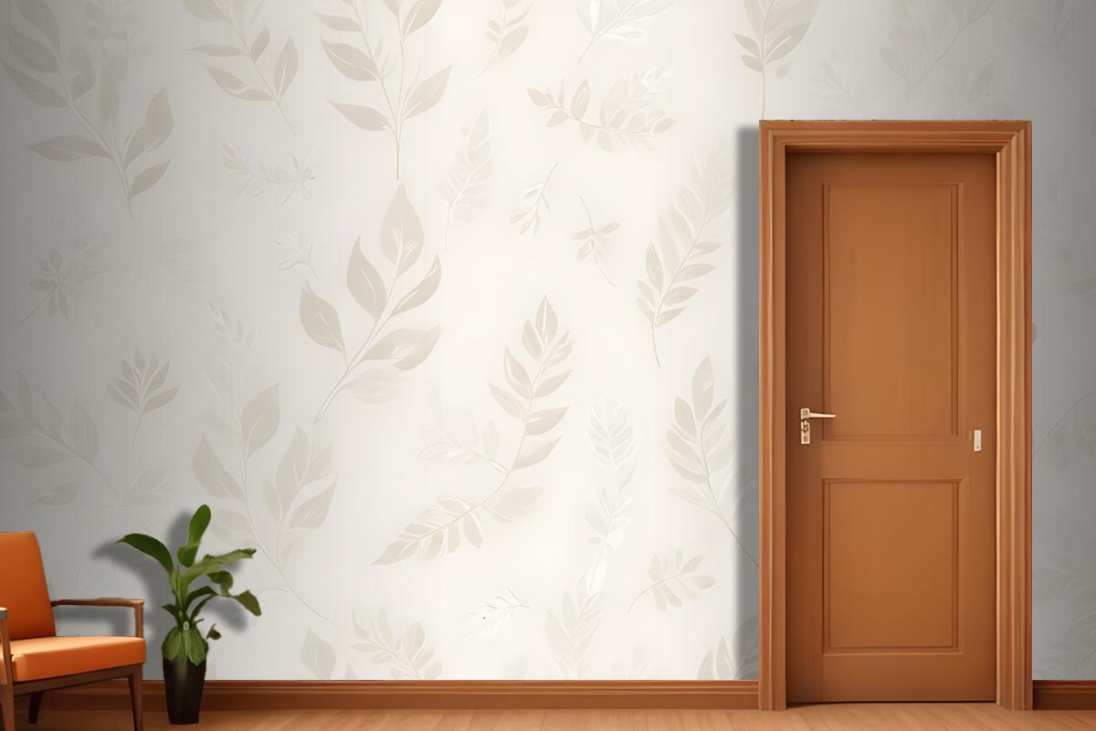 Seamless Pattern With Delicate White Leaves And Floral Elements On A Light Beige Wallpaper Mural