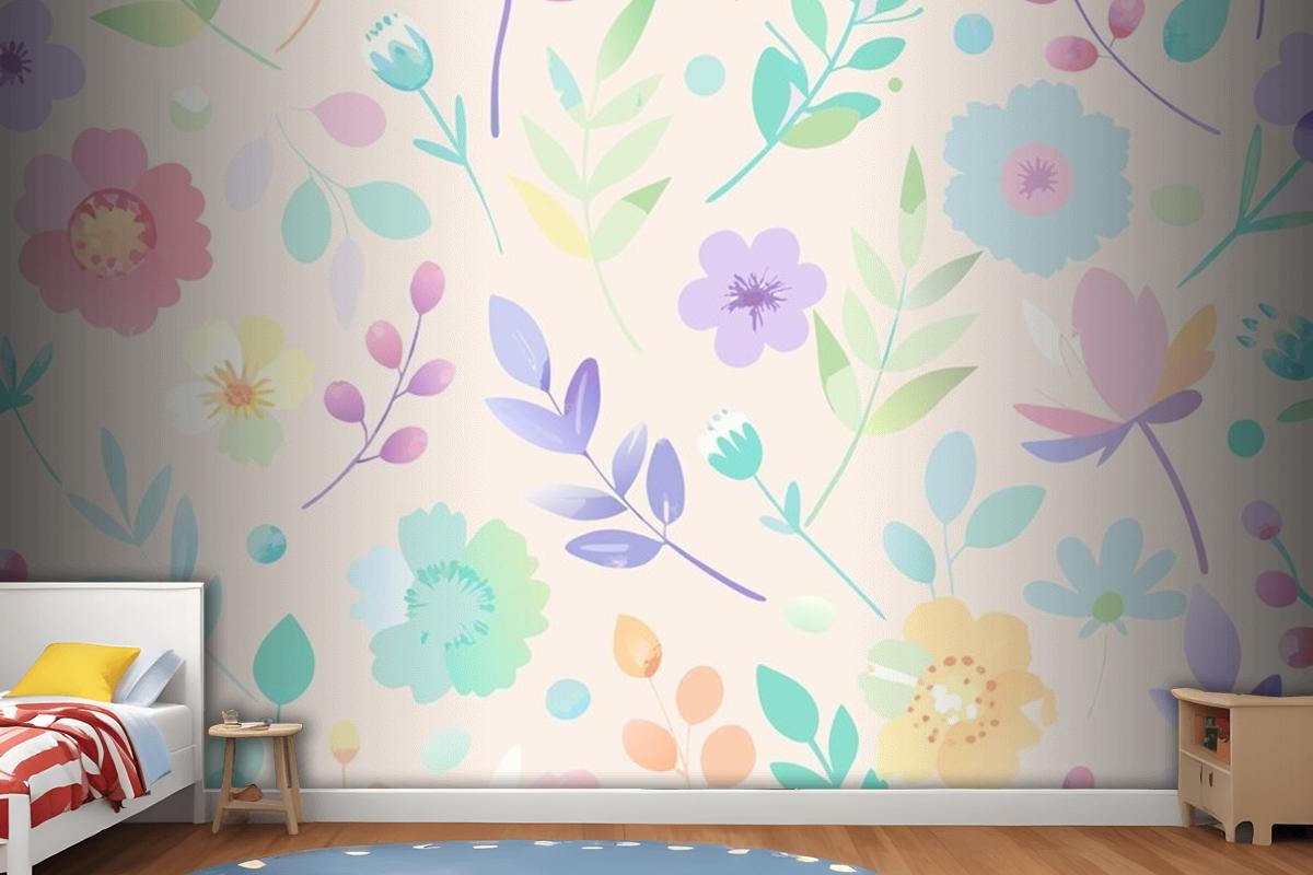 Seamless Pattern With Flowers And Leaves In Pastel Colors Wallpaper Mural