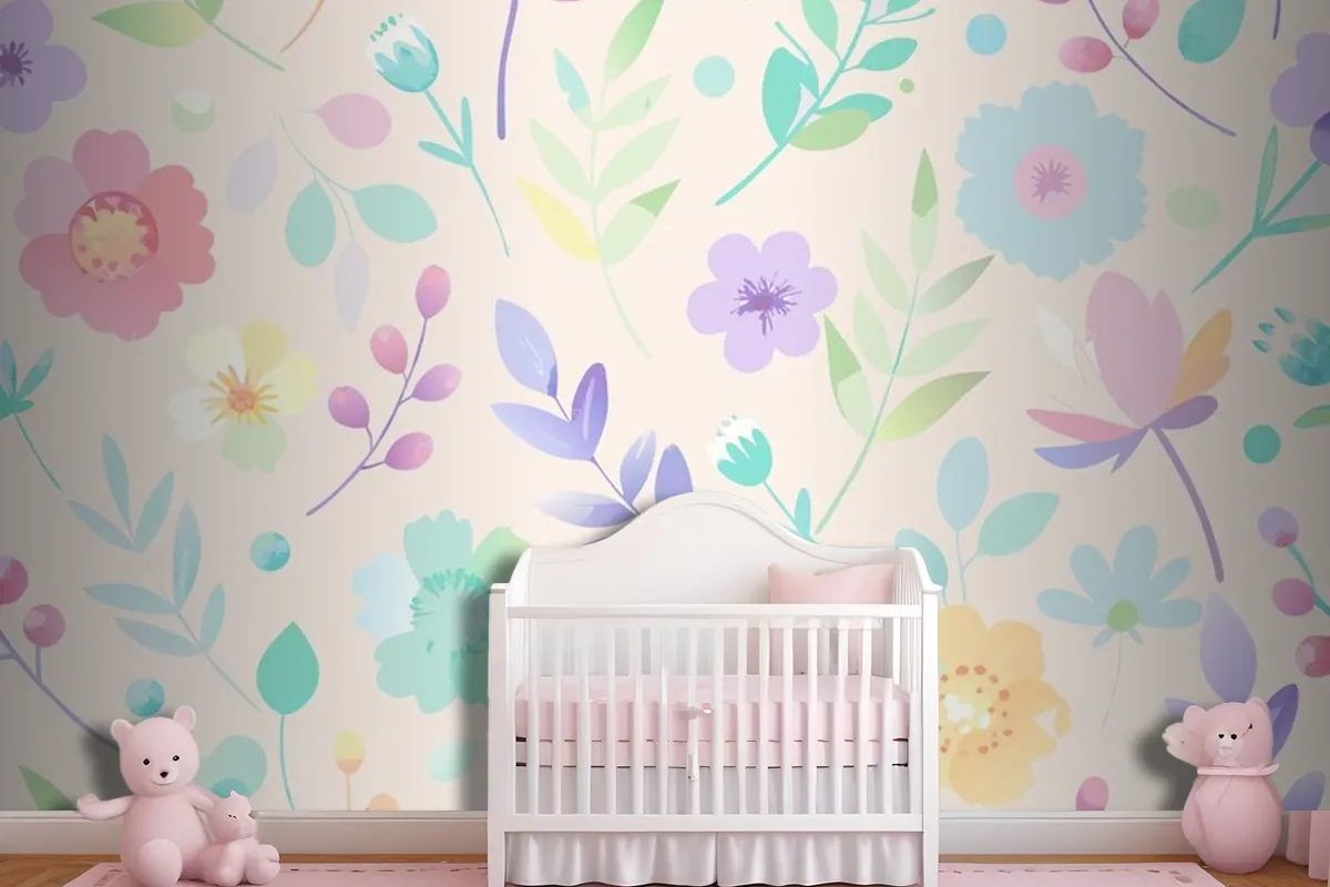 Seamless Pattern With Flowers And Leaves In Pastel Colors Wallpaper Mural